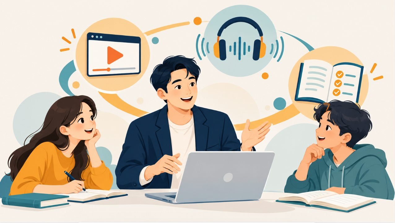 導師帶領學員使用影片、Podcast 與網課的插圖
